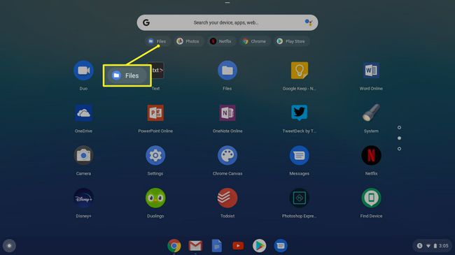 Butonul Fișiere din lansatorul aplicației Chrome