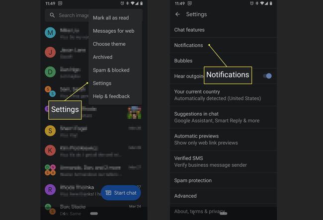 Az Android Messages-felhasználó hozzáfér az értesítési beállításokhoz