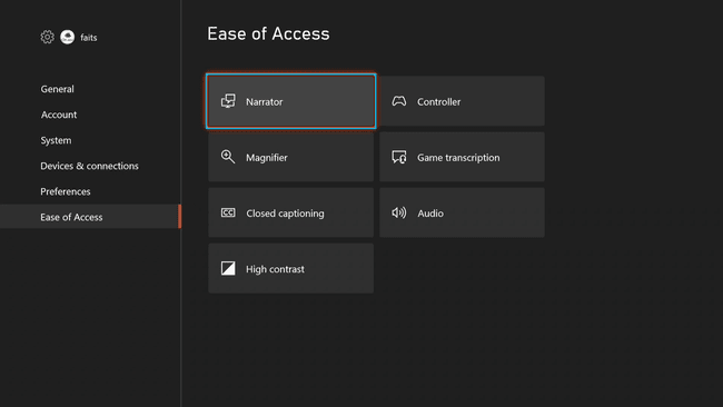 Nastavitve enostavnega dostopa na Xbox Series X|S z vklopljenim pripovedovalcem.