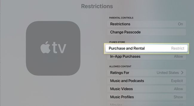 הגדרות הגבלות של Apple TV עם הגבלת רכישה והשכרה מסומנות