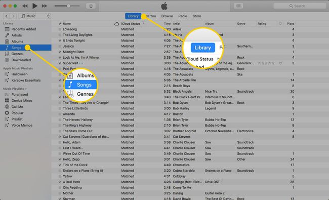 ライブラリと曲の見出しが強調表示された状態でiTunesをMacで開く