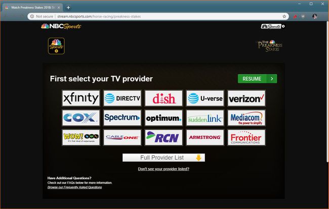 NBCSportsのTVプロバイダー選択画面のスクリーンショット。