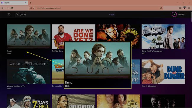 Dune evidențiat în rezultatele căutării HBO Max.