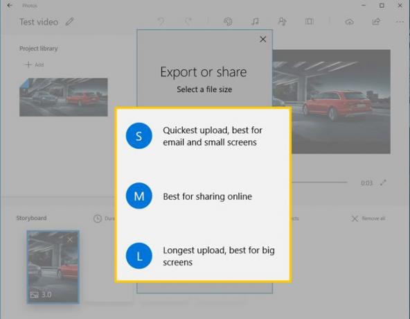 Opzioni di esportazione Small, Medium o Large per Video Editor su Windows