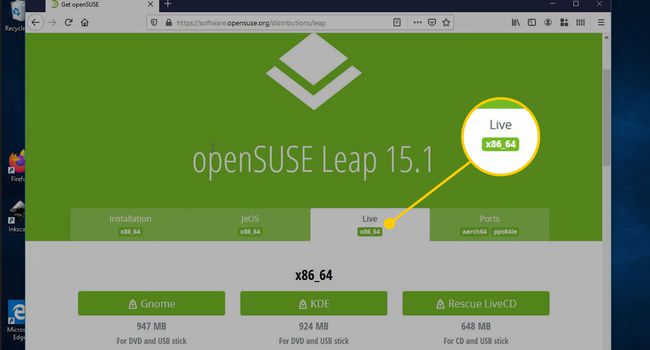 Вкладка Live на веб-сайте openSUSE Leap