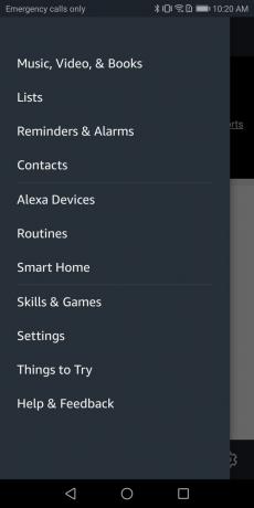 Lo screenshot di Alexa Android mostra il menu Abilità e giochi