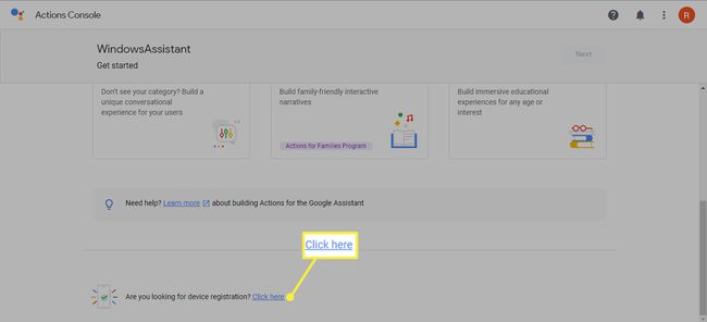 Google Actions Console'da cihaz kaydı mı arıyorsunuz seçeneğinin yanındaki burayı tıklayın