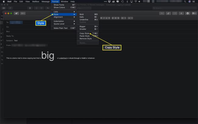 Nabídka Mac Mail Format se zvýrazněnými Styly a Copy Style
