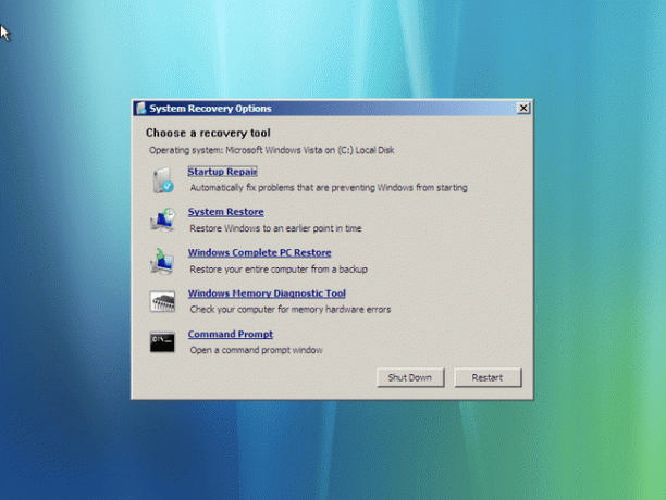 Tela de opções de recuperação do sistema do Windows Vista