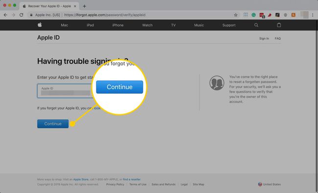 คลิกดำเนินการต่อหลังจากที่คุณป้อน Apple ID เพื่อกู้คืนรหัสผ่านของคุณ