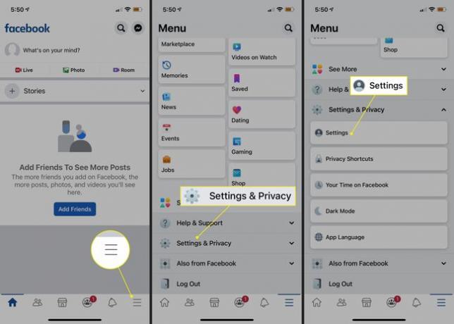 Menu hamburgera, Ustawienia i prywatność oraz Ustawienia w aplikacji Facebook