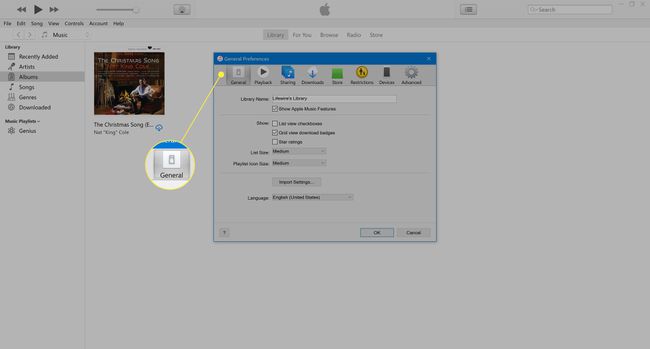 Sélection de l'onglet Général dans iTunes.