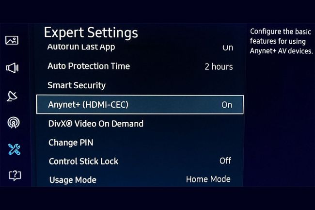 TV 메뉴의 Samsung Anynet+ HDMI-CEC 설정 옵션 스크린샷