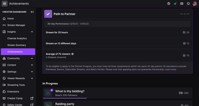 Twitch Put do stranice postignuća partnera na Twitch web stranici.