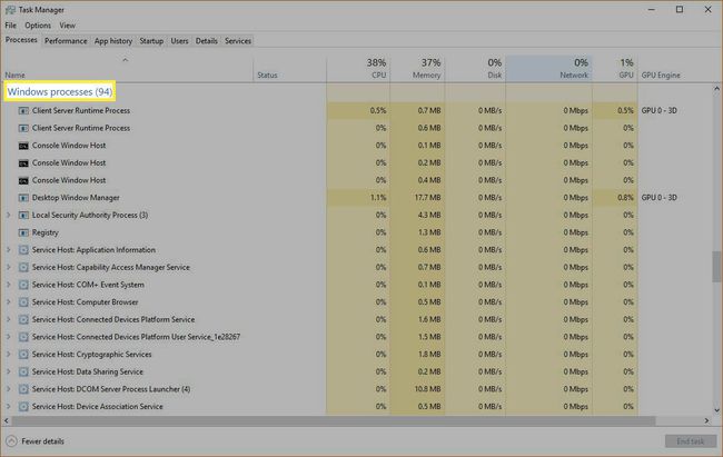 Správce úloh systému Windows Sekce Procesy systému Windows.