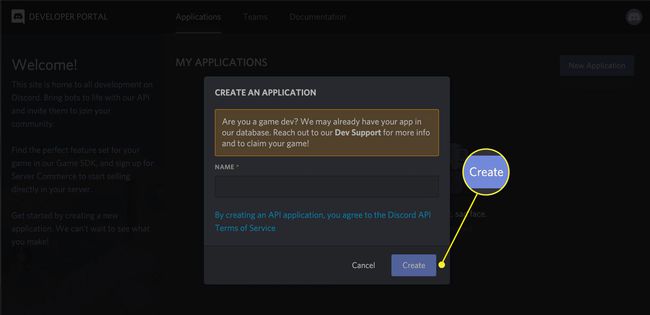 captura de tela do fluxo Criar um aplicativo no Portal do desenvolvedor do Discord