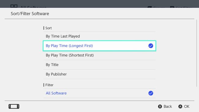 NintendoSwitchソフトウェアのsortfilterオプションの選択。
