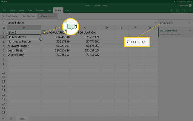 Excel forAndroidスプレッドシートでコメントを作成する方法を示すスクリーンショット