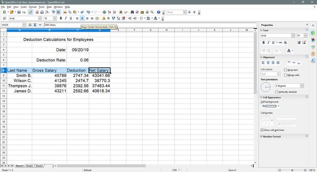 De kopregel wordt rechts uitgelijnd in OpenOffice Calc.