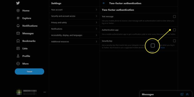 Твиттер подешавања двофакторске аутентификације