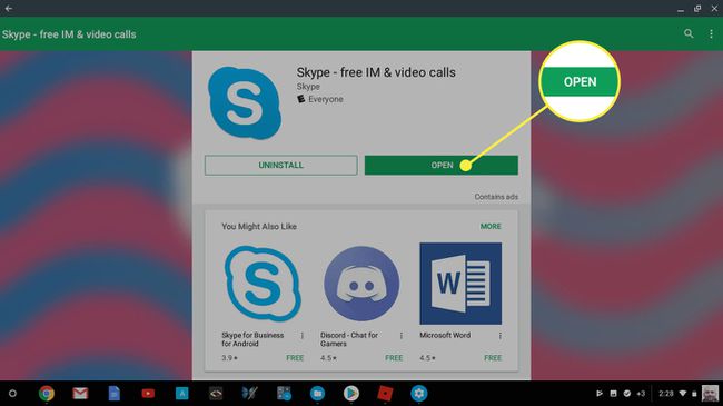 لقطة شاشة تعرض الزر " فتح" في Skype