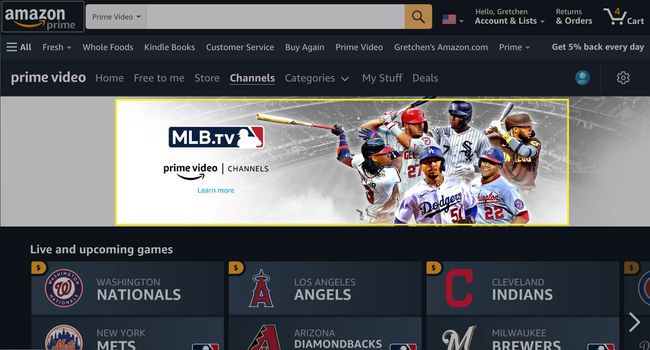 MLB.TVが強調表示されたAmazonプライムビデオチャンネル