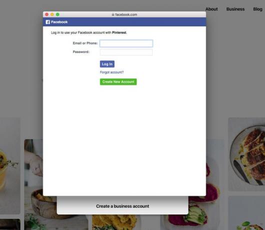 Skärmdump av att registrera dig för Pinterest via ett Facebook-konto