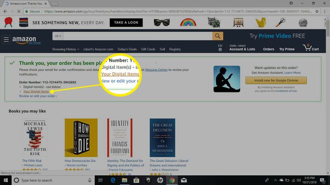 Amazon-Bestellbestätigungsseite für Kindle für PC