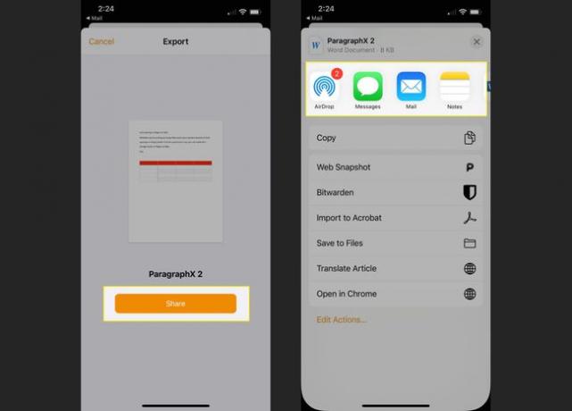 Esportazione PDF nell'app Pages con le opzioni Condividi e condividi evidenziate