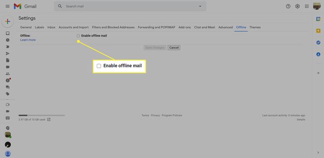 Configurações do Gmail com Ativar correio off-line destacado