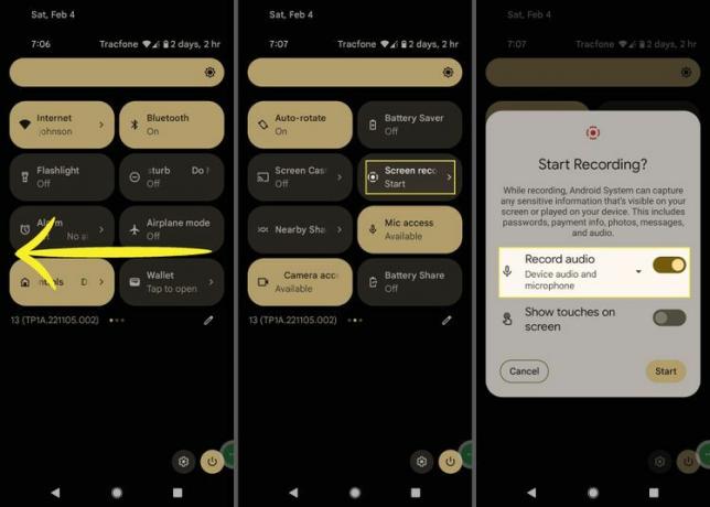 Săgeata la stânga, țiglă Înregistrare ecran și Înregistrare audio evidențiate în Setări rapide Android.
