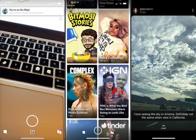 Trzy ekrany Snapchata na iOS
