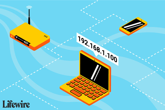 Una ilustración de una computadora portátil con la dirección 192.168.1.100 en una red.