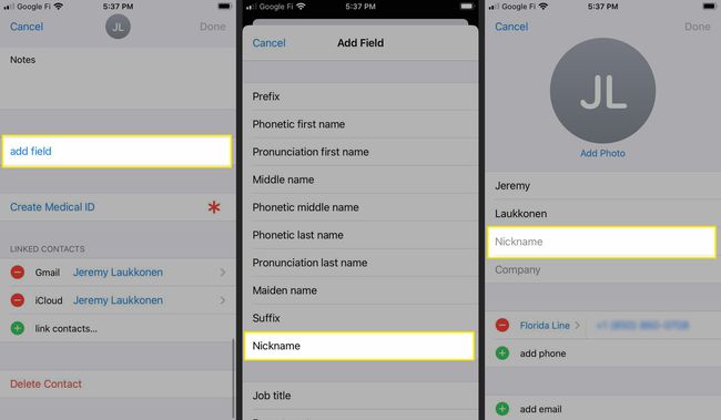 [追加]フィールド、[ニックネーム]、および[ニックネーム]編集ボックスが強調表示されたiPhoneの連絡先カードにニックネームを追加する