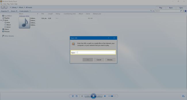 Dialogové okno Otevřít adresu URL v programu Windows Media Player 12.