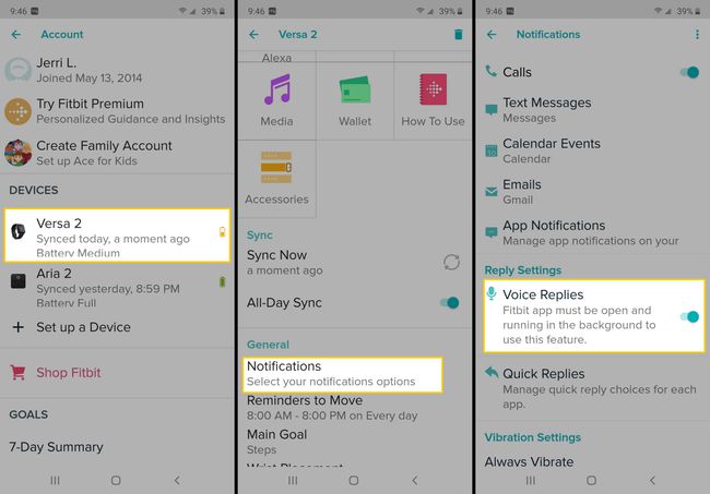 Zrzuty ekranu pokazujące, jak włączyć odpowiedzi głosowe w Fitbit Versa 2.
