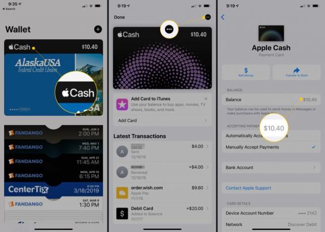 Apple Cash karta v peněžence, třítečkové menu, zobrazení zůstatku