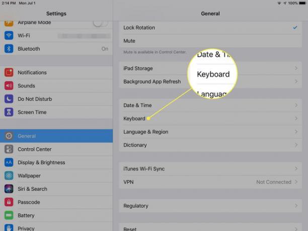 สกรีนช็อตของการตั้งค่าทั่วไปของ iPad โดยเน้นที่ส่วนหัวของแป้นพิมพ์