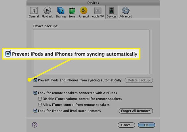 iTunes Devices-ის პრეფერენციები გამშვები პუნქტით წინ აიკრძალოს iPod-ისა და iPhone-ების ავტომატური სინქრონიზაცია