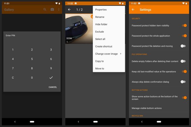 Egyszerű galéria: (balra) PIN a hozzáféréshez; (középen) a " Mappa elrejtése" opciót mutatja; (jobbra) Beállítások, a jelszavas védelem láthatóságával, az alkalmazással és a törléssel