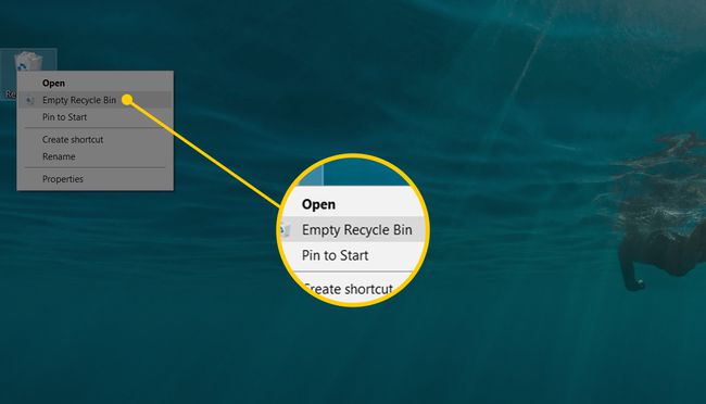 Windows 10 Masaüstü ve Geri Dönüşüm Kutusunu Boşaltma sağ tıklama menüsünü vurgulayan ekran görüntüsü