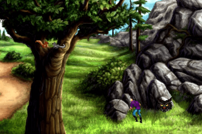 צילום מסך של אדם ביער משחקי וידאו.