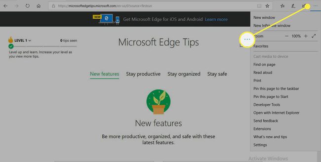 Una captura de pantalla de Microsoft Edge con el botón de menú Más opciones resaltado