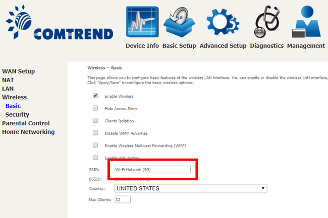 Identyfikator SSID routera 5G firmy Comtrend