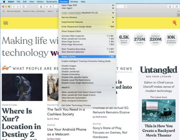 空のキャッシュオプションを表示するSafari開発メニュー