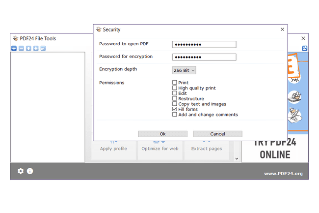 Nastavení hesla pro PDF v PDF24 File Tools