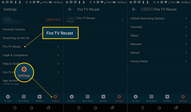Fire TV Recast-Einstellungen in der Fire TV Android-App