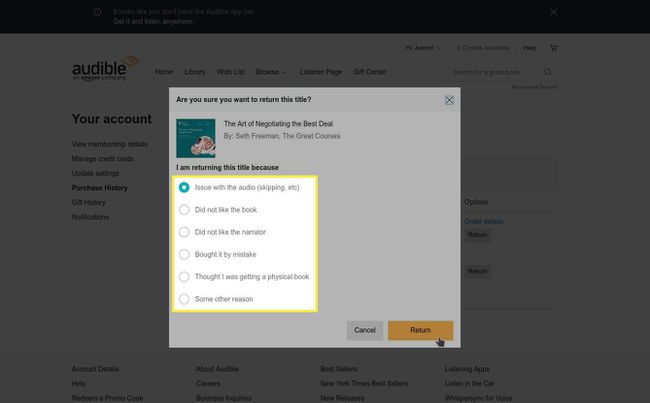 Audible fragt nach dem Grund für Ihre Rückkehr, aber das hat keinen Einfluss auf Ihre Fähigkeit, dies zu tun.