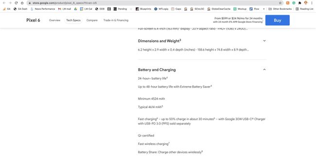 Ένα στιγμιότυπο οθόνης της σελίδας προδιαγραφών Google για το τηλέφωνο Pixel 6.