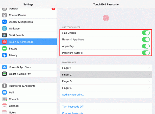 Screenshot des Touch ID & Passcode-Bildschirms auf einem iPad